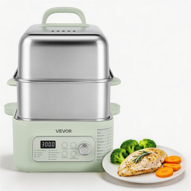 VEVOR 3000 Pre-set Keep warm C1 Quick steaming C5 Spare rice R Stem 15 C6 Coarse grains 03 Seafood Dessert C4 Fish Hot dishes Hat Function ONION in sing CO Thawing

Time X

Suggested Steam 12- 15ml Egg Broccoli 25ml 20 Carrot DE Potatoes Corn 30-35ml Fish 12 Shrimp Crab Spare rice Rice