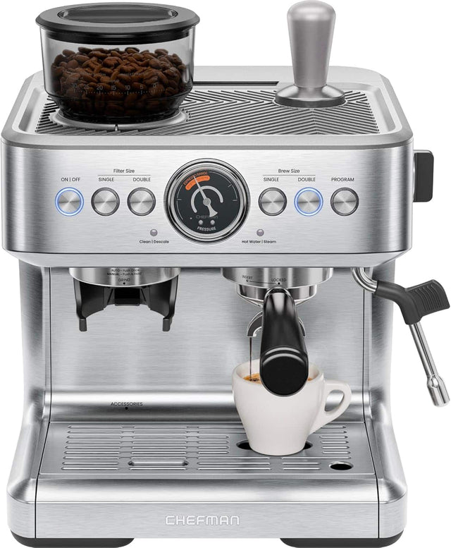 - Filter Size: SINGLE DOUBLE
- Brew Size: SINGLE DOUBLE PROGRAM
- Pressure: CHEFMAN
- Hot Water / Steam
- Clean / Descale
- Accessories
- Chefman
