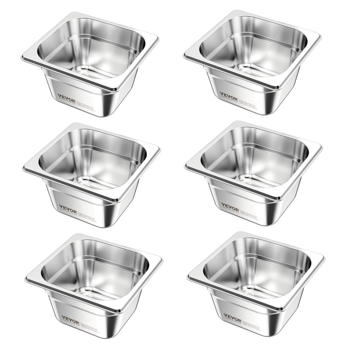 VEVOR - 6 Pack Stainless Steam Hotel Pans, 1/6 Size Table Steam Pan, Anti Jam Restaurant Supplies Reusable Catering Storage - Silver