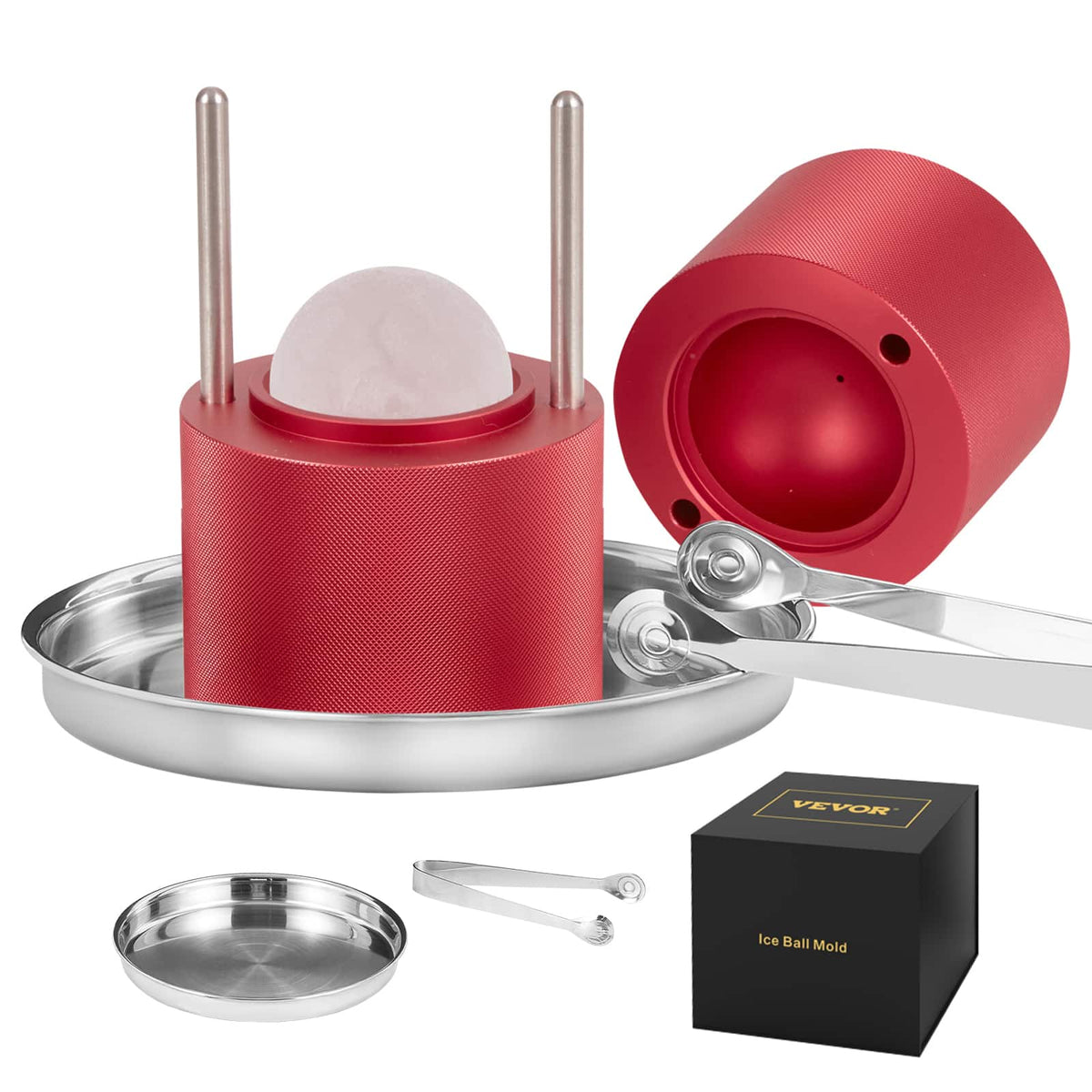 VEVOR - Ice Ball Press, 2.4" Ice Ball Maker, Aircraft Al Alloy Ice Ball Press Kit for 60mm Ice Sphere, Ice Press with Tong - Red