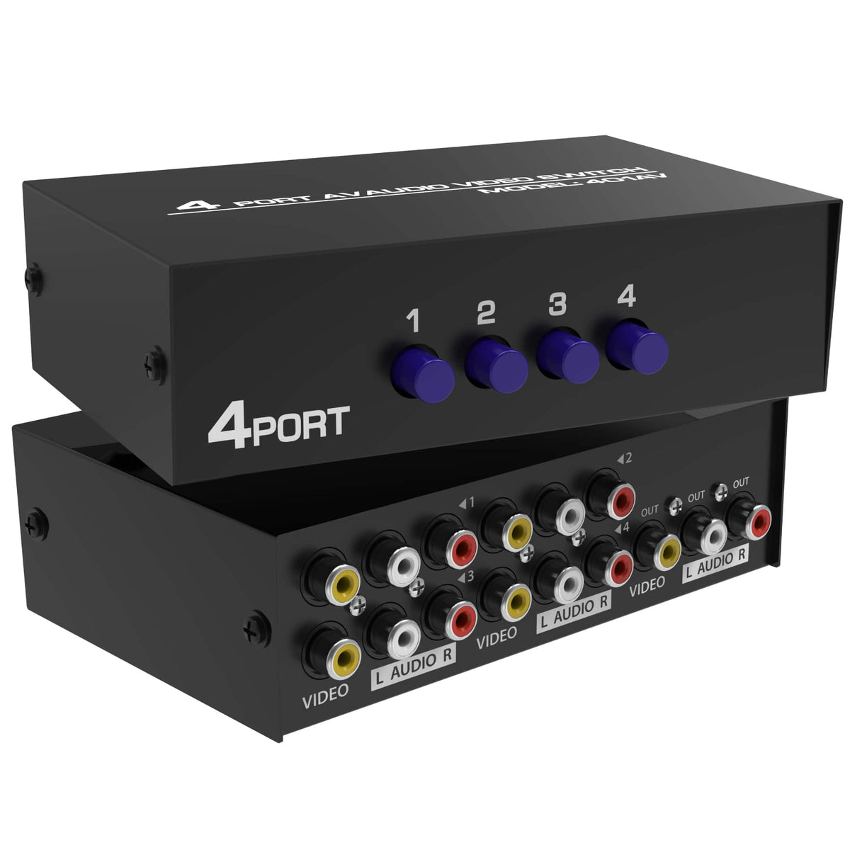 Fosmon - 4-Way Composite Audio Video RCA Splitter + Male to Male RCA Audio Cable, 4 in 1 Out RCA Switcher Box for TV XBOX DVD PS2 - Black