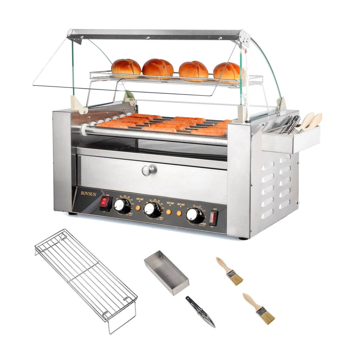 Winado - 18 Hot Dog Grill Machine, Commercial Electric Hot Dog 7 Roller with Bun Warmer, Dual Temp Control, Glass Cover,Drip Tray - Silver