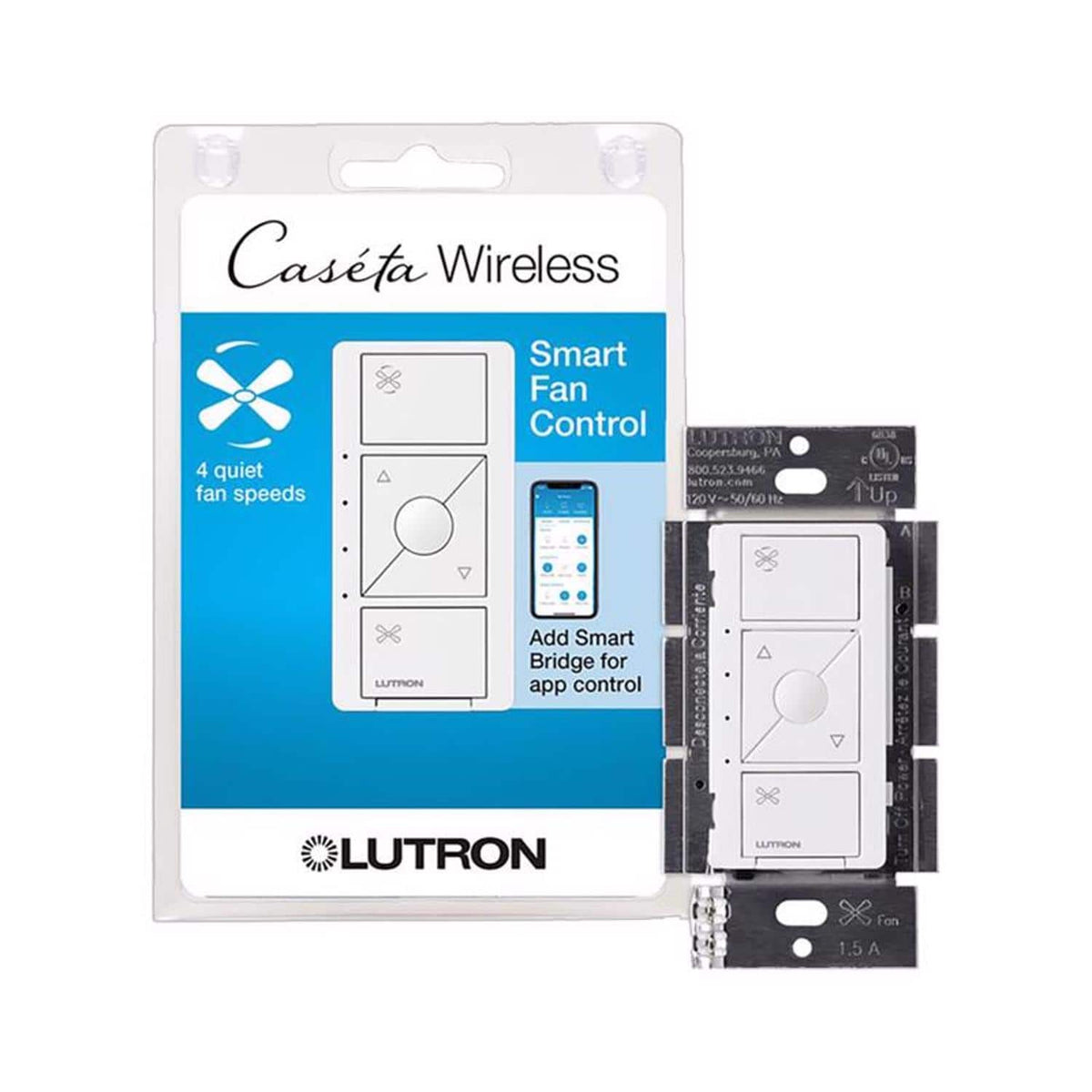 Lutron - Caseta 1.5 amps Single Pole Wireless Smart Enabled Fan Control 1 pk - White