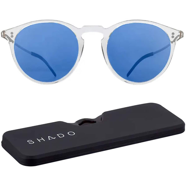 Front. ThinOptics - ThinOptics Los Altos Round Sunglasses with Case- Shiny Crystal/Blue Flash Mirror - Shiny Crystal/Blue Flash Mirror.