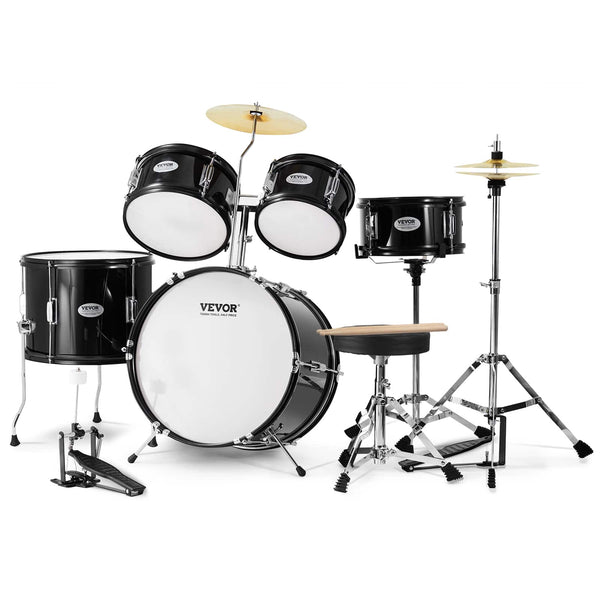 VEVOR - Kids Drum Set, 5-Piece, 16 in Beginner Full Drum Set with Bass Toms Snare Floor Drum Adjustable Throne Cymbal Hi-Hat - Black