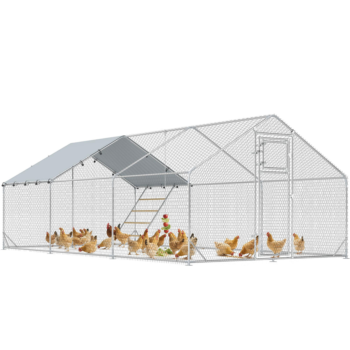Pawhut - Large Metal Chicken Coop, Walk in Chicken Run with Waterproof & Anti-UV Cover, Feeding Door, Hanging Feeder - Silver