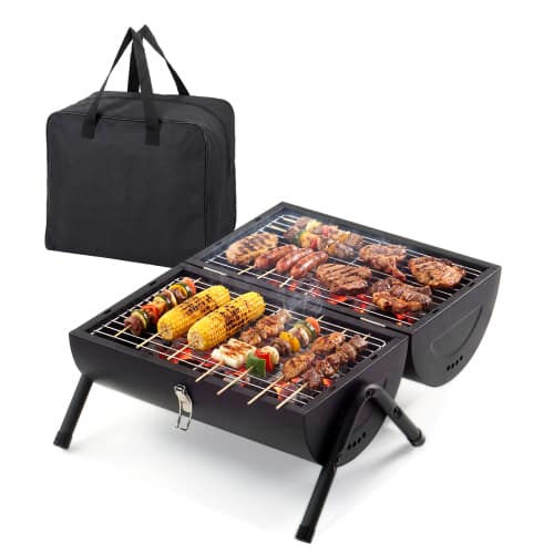Winado - Portable Charcoal Grill with Thermometer, Dual-Sided Tabletop Barbecue Grill for Outdoor Camping Cooking Backyard Party - Black