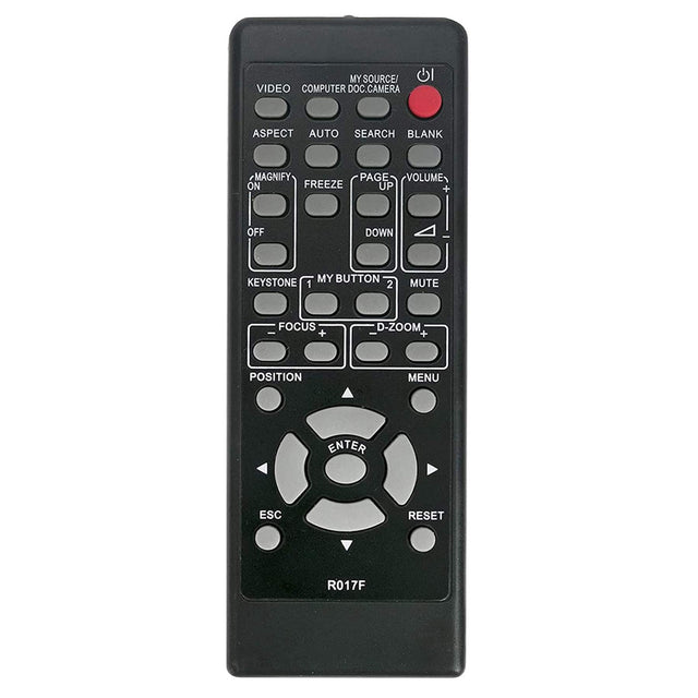 MY SOURCE/DOC.CAMERA  
SEARCH BLANK  
VIDEO COMPUTER  
ASPECT AUTO  
MAGNIFY ON OFF  
FREEZE  
PAGE UP DOWN  
VOLUME + -  
KEYSTONE MY BUTTON 1 2  
FOCUS + -  
D-ZOOM + -  
POSITION  
MENU  
ENTER  
RESET  
ESC  
R017F