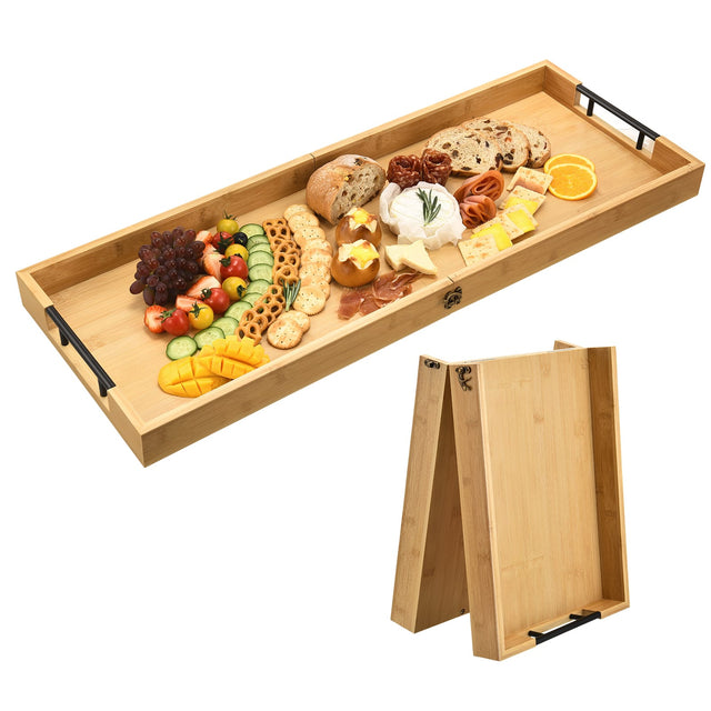 Front. Unique Bargains - Large Charcuterie Board with Handles, 32x12 Inch Foldable Bamboo Serving Board for Meat, Party, Fruit - Yellow.