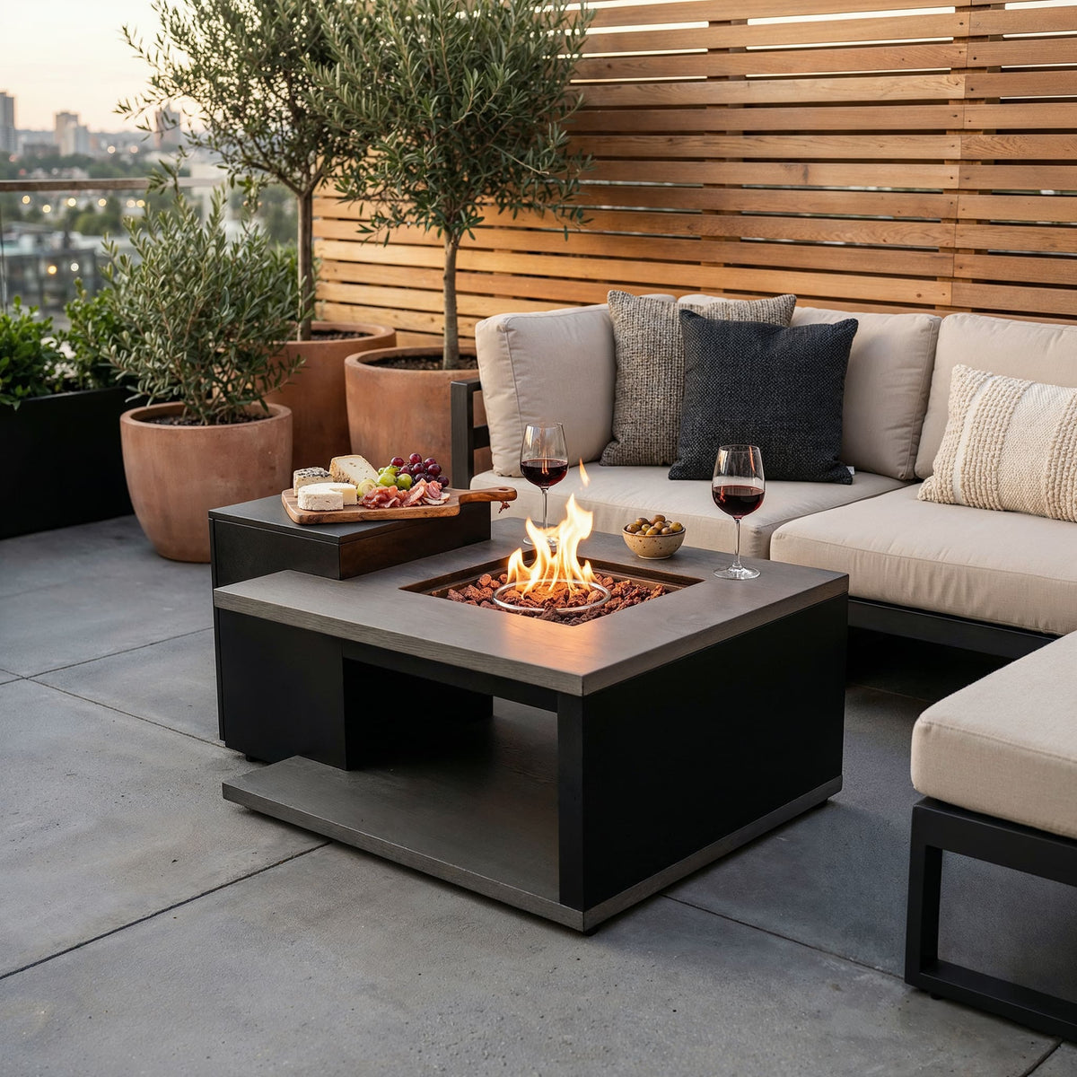 FUFU & GAGA - 50,000 BTU Propane Fire Table – Wood-Grain Zinc Aluminum Top with Hidden Tank, ETL Certified Outdoor Patio Heater - Black & Gray