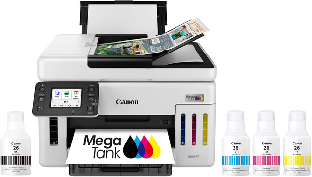 The text on the image reads: "I Stop Hoe Capy JA Scan My Present 1 Black Start Canon Mega Tank Color Canon 26 BK 0I-268K> Mega Tank MAXIFY Canon 26 GI-264C) Canon 26 M GI-26(M Canon 26 Y GI-26(Y> Black Neir - Negro aum Routeie 4 Bunita . - Made - ian Cyan A Cian - -m o a Bnuta a i Multa - sapan Magenta - date Rutente POOs Bout - - ale a Tellow d iaame Amaria - Luna Rutene d'aTe Butuio . I Made - "

Corrected text: "I Stop Hoe Capy JA Scan My Present 1 Black Start Canon Mega Tank Color Canon 26 BK 0I-268K> M
