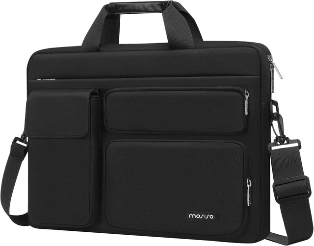 Front. mosiso - Laptop Shoulder Messenger Bag 15–16 inch - Padded Protective Compartment, Front Utility Pockets, Adjustable Strap - Black.