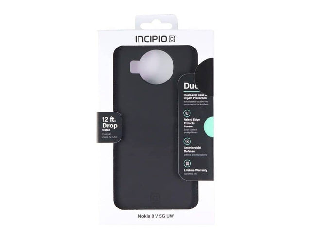 INCIPIO Du Dual Layer Case - Impact Protection - Bato onutie mnuthe evec protection conte les chocs - 12 ft. Drop tested - Essai de chula de 3.5m - Reised Edge - Protects Screen - Ecren suevse protage - Facras Antimicrobial Defense - Dfense antimicrobienne - Lifetime Warranty - Garantie I -e Nokia 8 V 5G UW