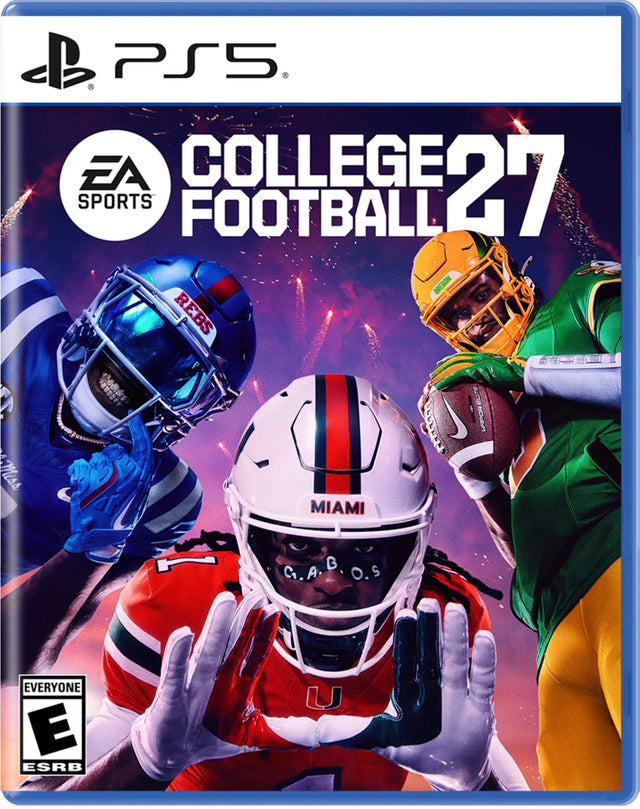 PS5 EA COLLEGE 27 SPORTS FOOTBALL  
BREGON REBS  
MIAMI G.A.B. B S C. A. O.S  
EVERYONE E ESRB