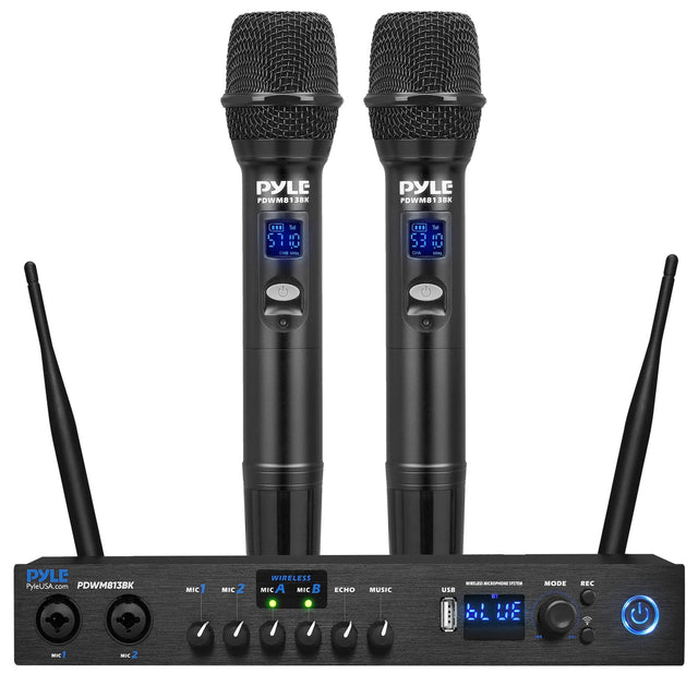 PYLE  
PDWM813BK  

PYLE  
PDWM813BK  

PYLE  
PyleUSA.com  

PDWM813BK  

MIC 1  
MIC 2  
MIC A  
MIC B  
ECHO  
MUSIC  

USB  
BT  

WIRELESS MICROPHONE SYSTEM  

MODE  
REC  

60 LUE  

MIC 1  
MIC 2