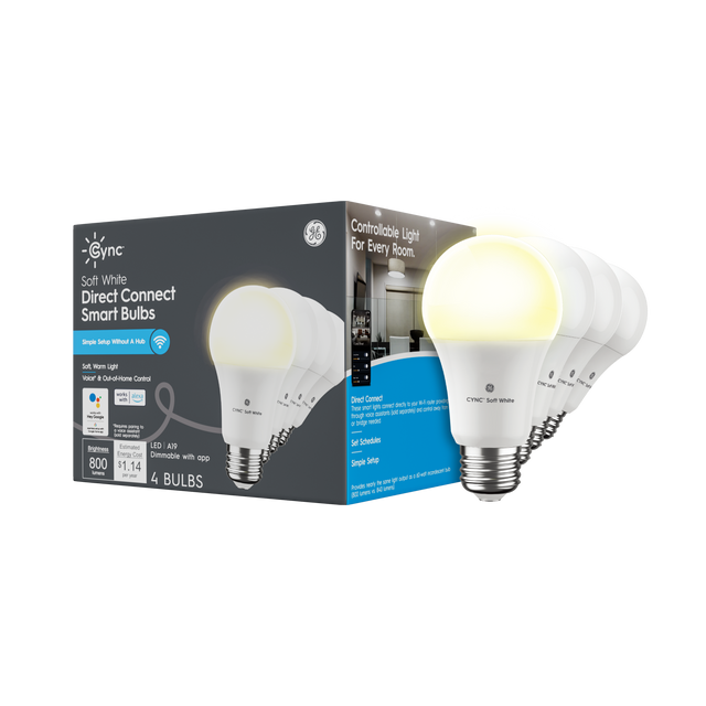 Cync Soft White Direct Connect Smart Bulbs  
Controllable Light For Every Room.  

Simple Setup Without A Hub.  

Voice & Out-of-Home Control  
works with Alexa, Google Assistant, and IFTTT  

Soft, Warm Light  
Estimated LED A19  
Dimmable with app  

Brightness: 800  
Energy Cost: $1.14 per year  

4 BULBS  

Cync Soft White  
Direct Connect  
Smart Bulbs  

Controlled Light  
For Every Room.  

Simple Setup  
Without A Hub.  

Voice & Out-of-Home Control  
works with Alexa, Google Assistant, and IFTTT  
