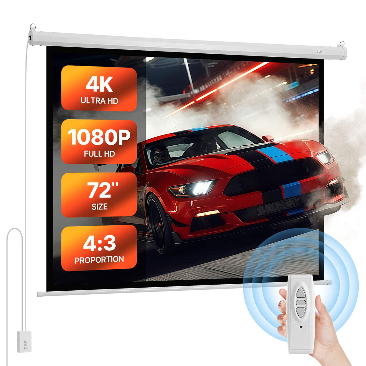VEVOR - Motorized Projector Screen, 72 inch 4:3 1080 HD Electric Projection Screen, Wall Mounted Projection Dispaly Projector - White
