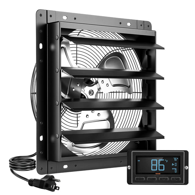 Front. VEVOR - 14 Inch Shutter Exhaust Fan Wall Mounted Automatic Louvers EC Motor, Steel Housing, Temperature & Humidity Controller - Black.