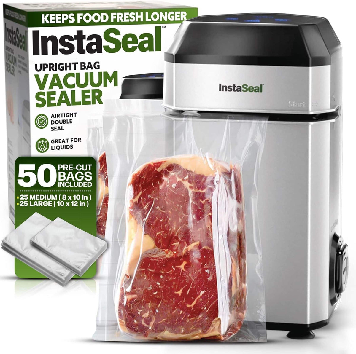 InstaSeal - Vacuum Sealer Food Saver Bag Sealer Machine Upright Suction Base With 50 Food Safe Storage Bags - Silver