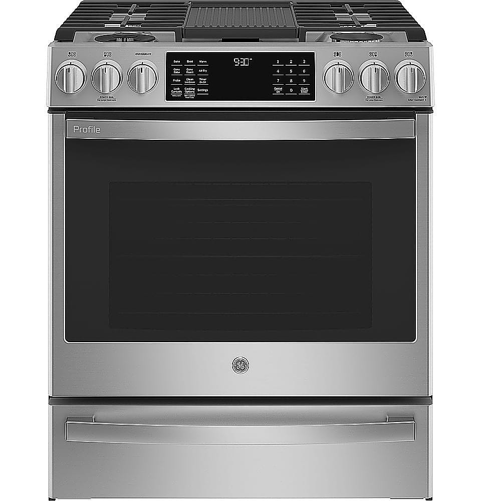 GE Profile - 30 in. Wide 5 Burners 5.7 Cu. Ft. Slide-In Dual Fuel True Convection Smart Range with No Preheat Air Fry - Stainless Steel