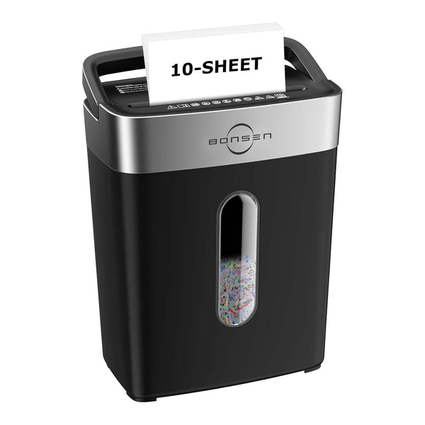 Bonsen - Heavy Duty Paper Shredder - 10-Sheet Cross-Cut Shredder with Handle for Home and Office - 4 Gallons Bin - P-4 Security - Black