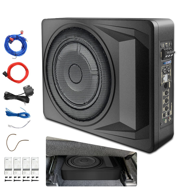 Front. Junsun - All-in-One 10" 1200W Slim Under Seat Subwoofer with Built-in Amplifier (300W RMS) Adjustable Low Pass/Gain/Bass Boost - Black.