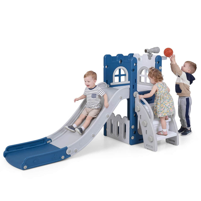 Front. Costway - Costway 6-in-1 Kids Indoor Slide Playset with Basketball Hoop, Telescope, Climbing Ladder - Blue.