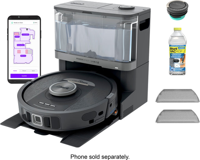 The image features a Shark VAC MOP, a 2-in-1 device that combines a vacuum and mop. The device is placed on a cleaning pad, and the box is open, revealing the contents. The image also includes a phone, which is sold separately. The text on the image reads "Phone sold separately."