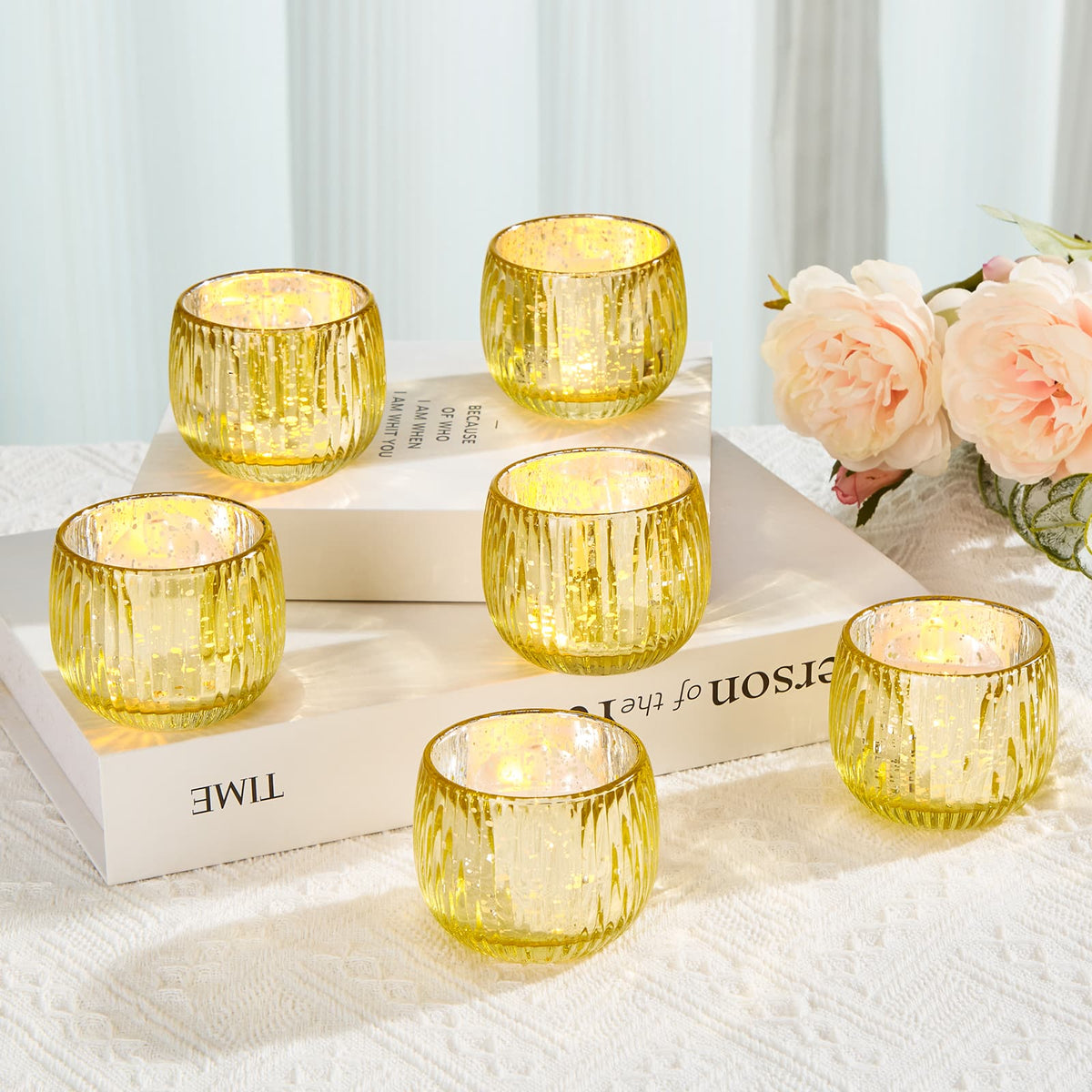 IMAGE - Elegant Votive Glass Tea Light Holders Set of 6 - Gold