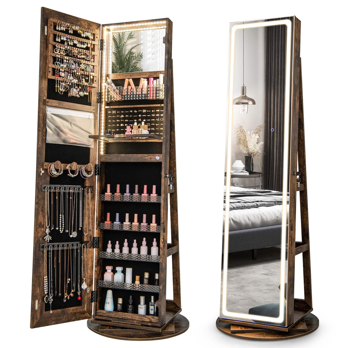 Costway - 360° Swivel Jewelry Cabinet Organizer 3-Color LED Mirror with Built-in Lights - Coffee