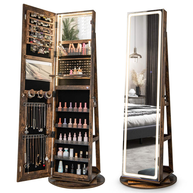 Front. Costway - 360° Swivel Jewelry Cabinet Organizer 3-Color LED Mirror with Built-in Lights Coffee - Coffee.
