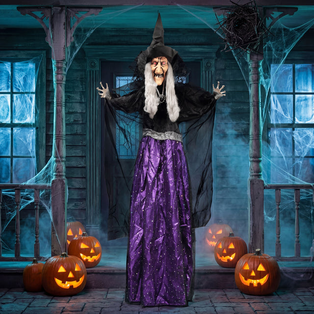 Front. Joyfy - 47" Motion Activated Witch Halloween Decoration – Life Size Animated Witch with LED Eyes & Sound for Haunted House Yard - Purple.