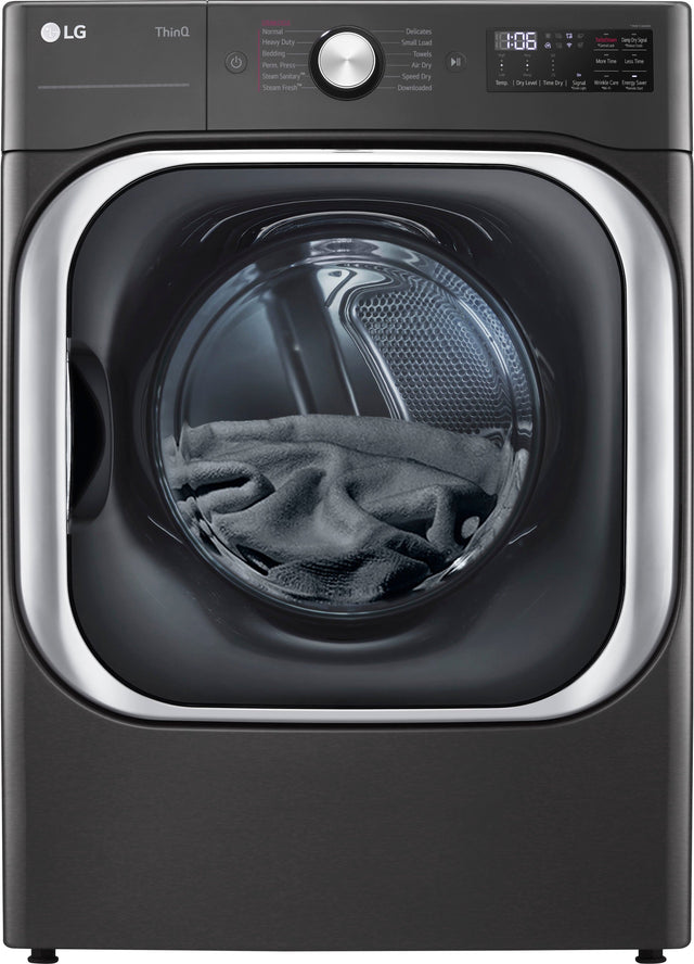 Front. LG - 9.0 Cu. Ft. Stackable Smart Gas Dryer with Steam and Built-In Intelligence - Black Steel.