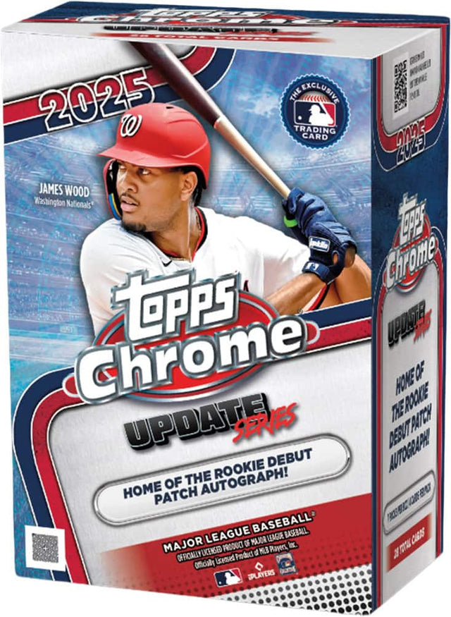 Sure, here is the corrected and grouped text from the image:

---

**Topps Chrome Update Series**

**2025**

**James Wood**  
Washington Nationals

**The Exclusive Trading Card**

**Home of the Rookie Debut Patch Autograph!**

**Major League Baseball**  
Officially Licensed Product of MLB Players, Inc.

**Topps Chrome**  
**Update Series**

**Home of the Rookie Debut Patch Autograph!**

**2025**

**Topps Chrome**

**2025**

**Topps Chrome**

**2025**

**Topps Chrome**

**2025**

**Topps Chrome**

**2025**

