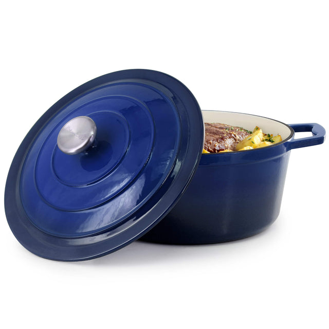 Front. MegaChef - MegaChef 5 Quarts Round Enameled Cast Iron Casserole with Lid in Gradient Dark Blue - Dark Blue.
