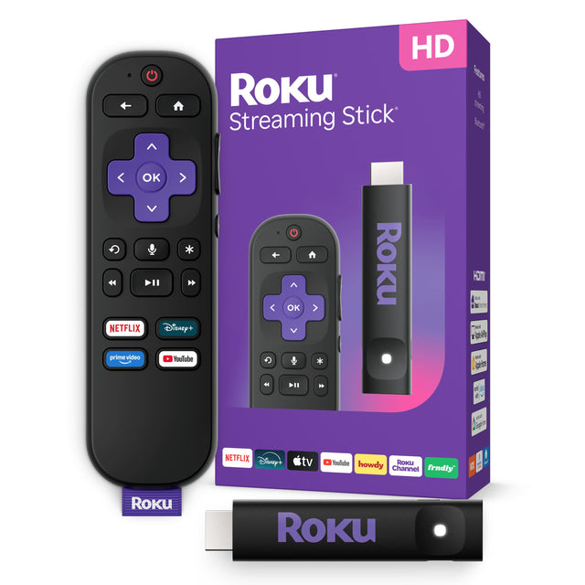 HD Roku Streaming Stick OK V NETFLIX DII Disney+ OK ^ V Roku of prime video YouTube DII  
de Sught  
NETFLIX Disney+  
tv  
YouTube howdy Roku Channel frndly  
Roku  
ROKU