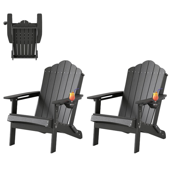 Gymax - 2PCS Patio Folding Adirondack Chair Weather Resistant Cup Holder Yard Grey - Gr4y