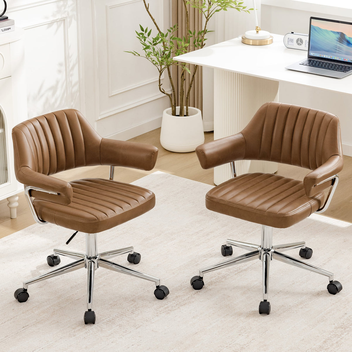 KERDOM - 2pcs Modern Office Chairs Set, PU Leather Ergonomic Desk Chair, Swivel Upholstery Vanity Chair with Arms, Side Chairs - Camel-2PCS