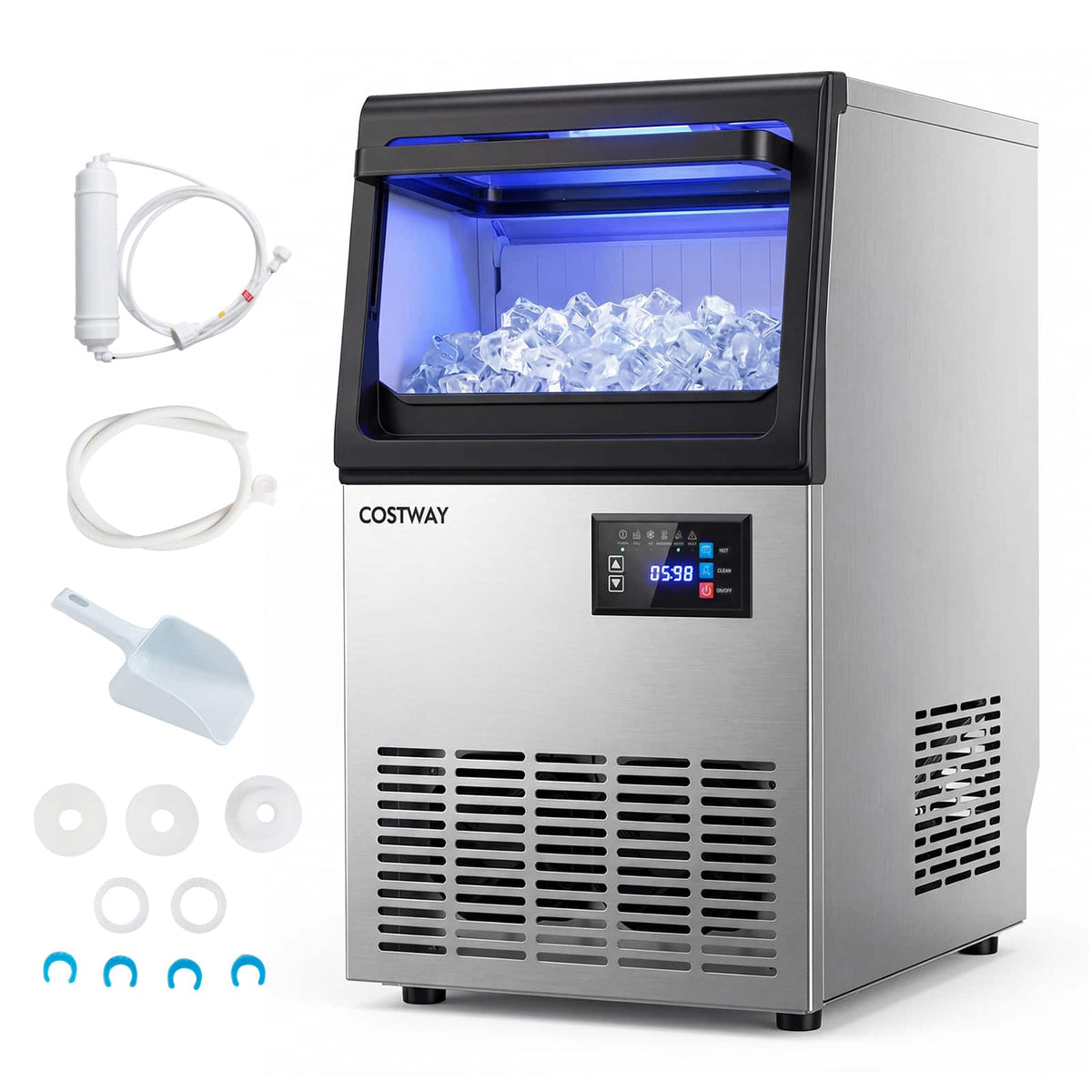 Costway - Stainless Steel Ice Maker, Under Counter & Freestanding Ice Making Machine - Black + Silver