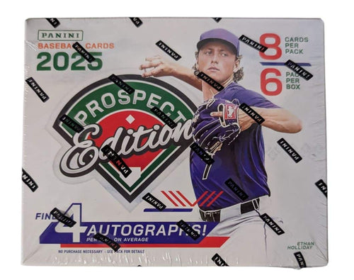 PANINI BASEBALL CARDS 2025  
PROSPECT Edition  
8 CARDS PER PACK  
6 PACKS PER BOX  
4 AUTOGRAPHS ON AVERAGE  
NO PURCHASE NECESSARY - SEE BACK FOR DETAILS  
ETHAN HOLLIDAY
