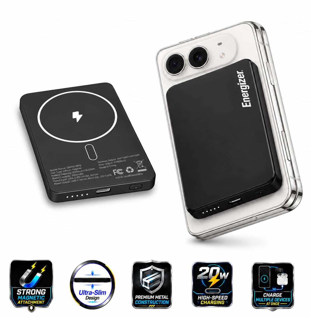 Energizer - 5,000mAh SLIM METAL 20W Magnetic Wireless Qi/Qi2.0/MagSafe PowerBank, Portable Charger, 2 Outputs, LED Display, & USB-C - Black