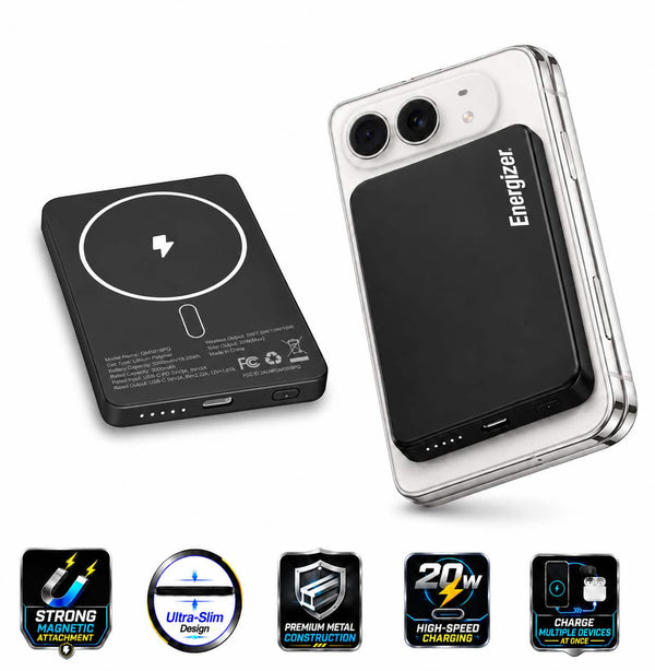 Energizer - 5,000mAh SLIM METAL 20W Magnetic Wireless Qi/Qi2.0/MagSafe PowerBank, Portable Charger, 2 Outputs, LED Display, & USB-C - Black