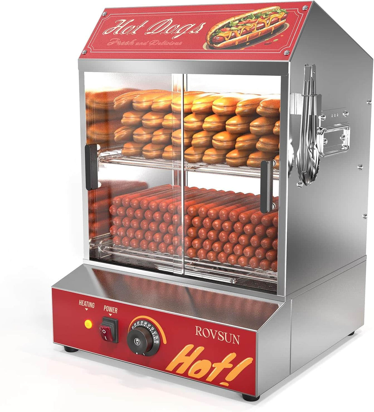 Winado - 42.3QT/40L Hot Dog Steamer, 2-Tier Hot Dog Hut Steamer with 235 Hot Dogs & 50 Buns Capacity, Electric Bun Warmer, Clip - Silver & Red