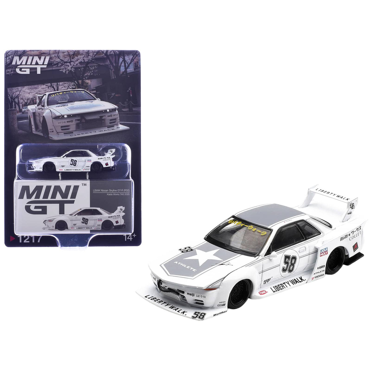 True Scale Miniatures - Nissan Skyline GT-R R32 RHD #58 "Kaido Works" White w/Gray Graphics "Tokyo Auto Salon 2025" 1/64 Diecast Car by Mini GT