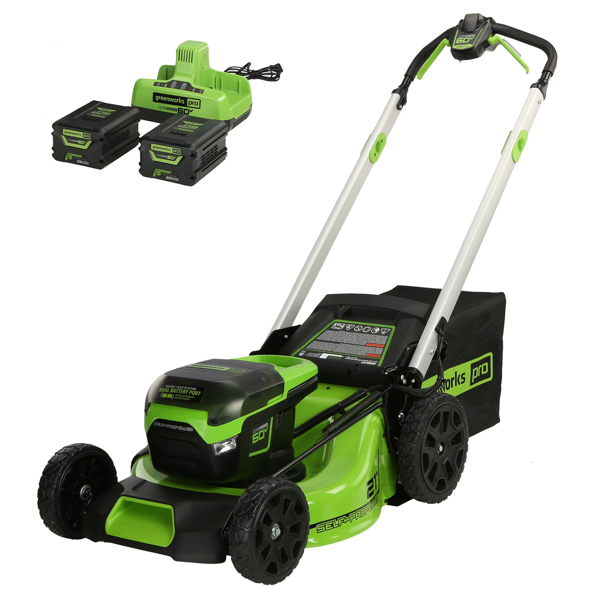 Greenworks - 60V 21" Brushless Self-Propelled Battery Powered Lawn Mower + (2) 4.0Ah Batteries and Dual Port Charger - Green