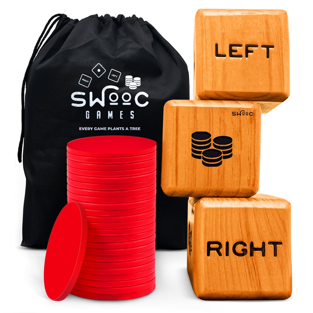 Swooc Games - Giant Right Center Left Dice Game (All Weather) w/ 24 Large Chips & Carry Bag - Jumbo Wooden Lawn Game - Backyard Games - Brown