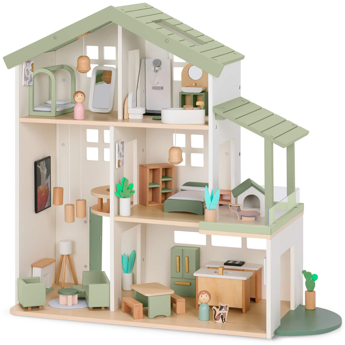 Best Choice Products - 3-Story Wooden Dollhouse with 40 Accessories, Modern Doll House Pretend Play Set - Sage