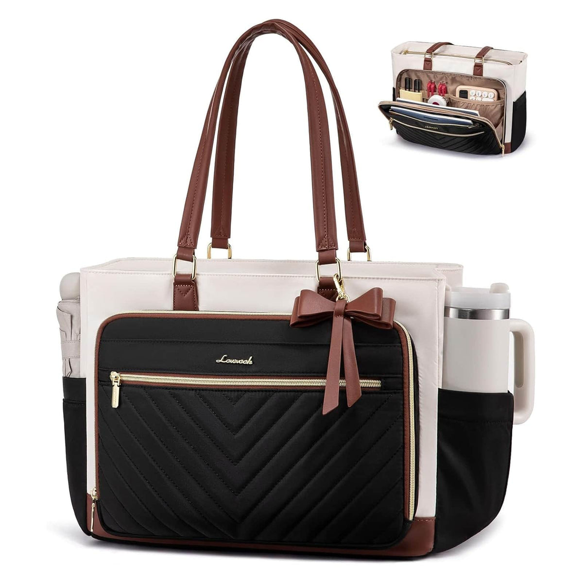 LOVEVOOK - Teacher Tote Bag for Women, Work Laptop Bag Gift with Large Cup Holder - Beige