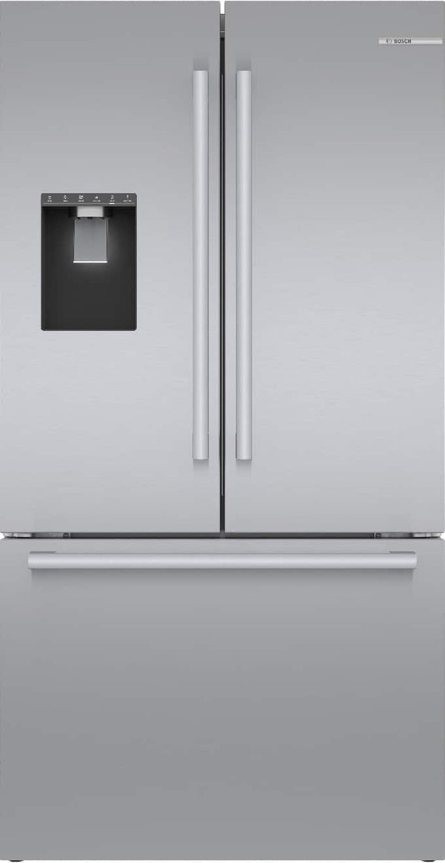 Front. Bosch - 500 Series 36 in. Wide 21.6 Cu. Ft. French Door Bottom Freezer Counter-Depth Smart Refrigerator with External Water - Stainless Steel.