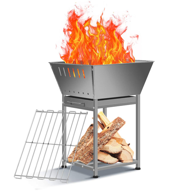 Front. Oumilen - Square Steel Outdoor Fire Pit with Grill & Firewood Storage.